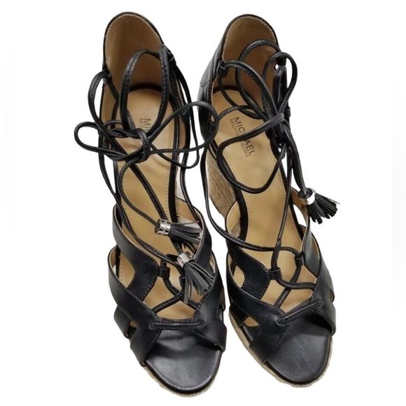 Michael Kors Leather Espadrille Lace Up Black Wedge Sandals size 9 - Picture 3 of 13